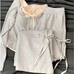 Women's Two Piece Pants Women Spring Autumn Sweet Bowknot Patchwork Sweatshirt Lace Up Long Set Korean Sports Gray Clothing Suits