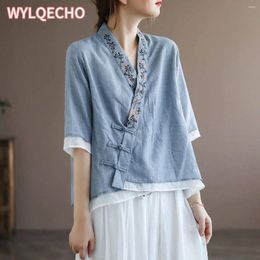 Ethnic Clothing 2024 Chinese Traditional Blouse For Women Casual Cotton Linen V Collar Button Hanfu Suit Top Cosplay Costumes Woman