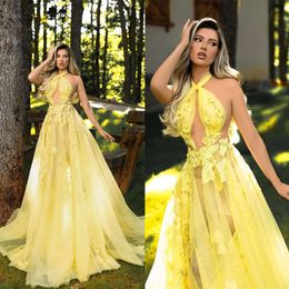 Prom Sexy Halter 3D-Floral Mermaid Dresses A-Line Hollow Appliques Pearls Pleats Backless Custom Made Formal Party Dress Vestido De Noite