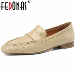 Casual Shoes FEDONAS Basic Women Pumps Spring Summer Low Heels Fashion Pleated Round Toe Woman Working Genuine Leather