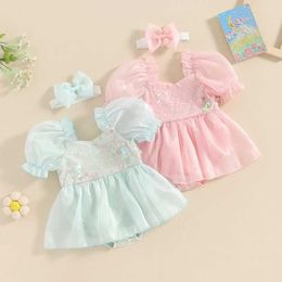 Clothing Sets Baby Girls Sequins Short Sleeve Organza Skirt Hem Rompers Dress with Headband Summer Pieces Set for Months H240507