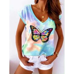 Women's T-Shirt Womens T Shirt Summer V-neck Short Sle Butterfly Print 3D T-Shirts Cute Girls Tops Fashion Oversized Tee Shirt Lady Clothing d240507