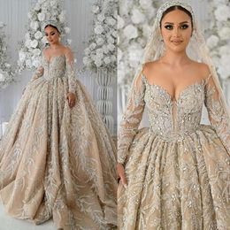 Bröllopsapplikationer Design Bollpärlor älsklingar klänningar underbara spetsar långa ärmar brudklänning skräddarsydd plus size vestidos de novia