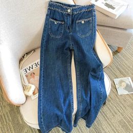 Women's Jeans Chain Decoration Loose Baggy For High Waist Casual Cotton Stretch Wide Leg Denim Pants 2024 Spring Pantalones