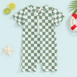 Swimwear Fashion Checkerboard Print Baby Swimwear For Toddler Rash Guard Beachwear Swimsuit Short Sleeve Zip Up Bikini Kids Bathing Suit