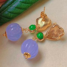 Dangle Earrings Natural Pumpkin Shape Purple Chalcedony Jadeite Gold Ear Stud Cuff Minimalist Office Clip-on Crystal Party Unisex Beaded