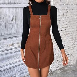 Casual Dresses Pinafore Overall Dress Womens Corduroy Zippers Solid Colour Autumn And Winter Thicken Pockets Cotton For Women Robe