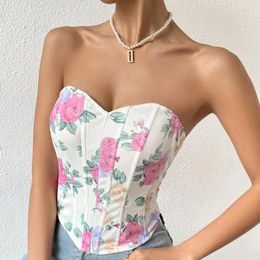 Women's Tanks Bare Shoulder Y2K Crop Tops Printed Sleeveless Vest Woman Sexy Backless Slim Strapless Lnner Camisole Fishbone Corset Cute