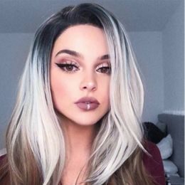 European and American wigs for women, gray-white gradient medium and long hair wig various types of long straight hair chemical Fibre curly hair headgear lace front wig