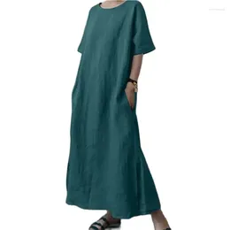 Casual Dresses High Waist Lace-up Side Pockets Women Cotton Linen Loose O Neck Pullover Dress Female Solid Colour Split Hem Gown