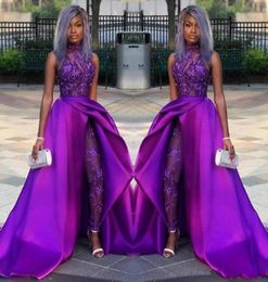 Classic Jumpsuits Prom Dresses With Detachable Train High Neck Lace Applique Bead Evening Gowns African Party Women Pant Suits ves6679276
