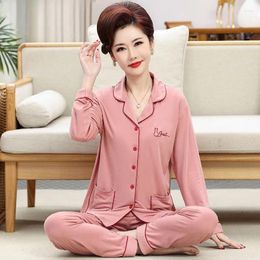 Women's Sleepwear Modal Pajamas Spring Autumn Middle-Aged Mom Long Sleeve Loose Large Size Homewear Women Casual Simple Solid Color Suit