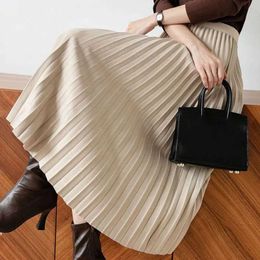 Skirts High waisted pleated leather elegant womens Maxi leather elastic high waisted A-line design pleated large hem solid Colour suitable for work Q240507