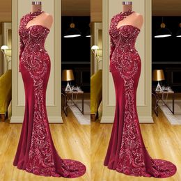 Dark Red Prom One Long Sleeve Halter Appliques Sequins Beaded Lace Floor Length Evening Dresses Gowns Plus Size Custom Made 0431