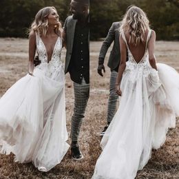 فساتين خط الزفاف A Boho Plunging v Neck Lace Seques Backless Tulle Designer Biohemia Dedder Bridals Ppliques