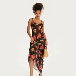 Casual Dresses Women Floral Sleeveless Sheer Dress Sexy Club Summer Clothes Spaghetti Strap Backless Streetwear