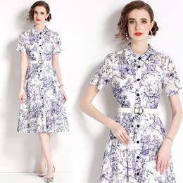 Runway Vintage Print Womens Ladies Midi Knee Length Shirt Dresses Collar Belt Button Front Short Sleeve A-Line Summer Casual Party Holiday New Arrival Dropshipping