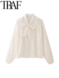 Women's Blouses Women Elegant Beige Casual Shirt 2024 Summer Long Sleeve Bow Tied Collar Blouse Female Buttons Crop Top Y2K