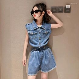 Clothing Sets Girls' Cowboy Vest Short Set Summer 2024 Fashionable Girl Outfit 2pcs Size 120-170cm