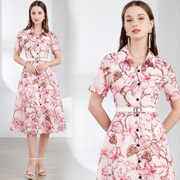 Vintage Floral Print Women Ladies Midi Knee Length Shirt Dresses Collar Belt Button Front Short Sleeve A-Line Summer Casual Party Holiday New Arrival Dropshipping