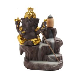India Buddhist God Lotus Elephant Ganesha Buddha Backflow Incense Burner Censer Stick Holder Dhl