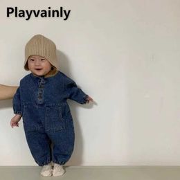 Rompers Korean Style New Spring Autumn Baby Jumpsuit Girl Boy Unisex Long Sleeve Blue Denim Newborn Clothes H240507