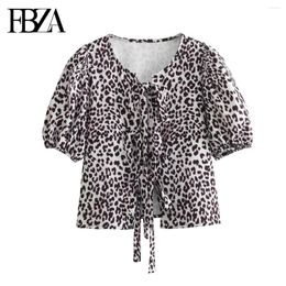 Women's Blouses Women Fashion Summer Leopard Print Knot Short Sleeve Round Neck Blouse Street Clothing Shirt Chic Ladies Tops Mujer