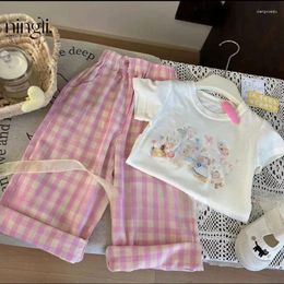 Clothing Sets Childrens 2024 Summer Girl Cartoon T-shirt Fashion Checkered Casual Pants Two-piece Set Kids Clothes