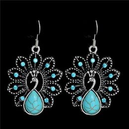 Vintage 100% 925 Silver peacock shap Earrings for Women Bohemian Jewelry Tibetan Turquoises Dangle Earrings gift for girl 240507