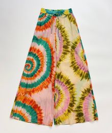 Pure cotton colorful rendering print loose elastic waist wide leg pants