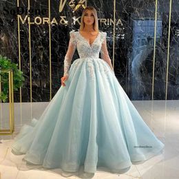 Blue A-Line Prom Dresses Princess Long Sleeves V Neck Appliques Sequins Elegant 3D Lace Ruffles Floor Length Party Gowns Plus Size Custom Made 0431