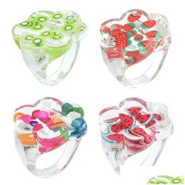 Band Rings 2021 Trendy Korean Colorf Fresh Fruits Transparent Resin Acrylic Ring For Women Girls Cute Stberry Drop Delivery Jewelry Dh4Jd