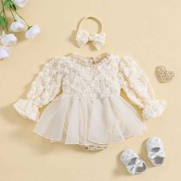Rompers Newborn Baby Girls Ruffle Girl Clothes Spring Autumn Lace Floral Jumpsuits 2pc Outfits Sunsuit Clothing H240507