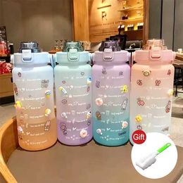 Cups Dishes Utensils 2L gradient Coloured sports water bottle with time markers leak proof frosted cup bouncing cap fitness outdoor travelL2405