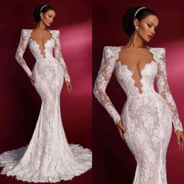 Dress Stunning Wedding Chart Mermaid Sheer V Neck Long Sleeves Lace Wedding Dresses Bridal Gowns Weep Train Designer Bride Dress es
