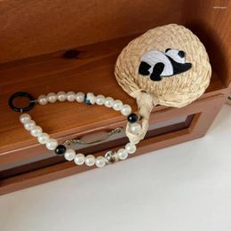 Decorative Figurines Cattail Grass Fan Pendant Embroidery Panda Leaf Decoration With Faux Pearl Chain Car Rearview Mirror Hanging