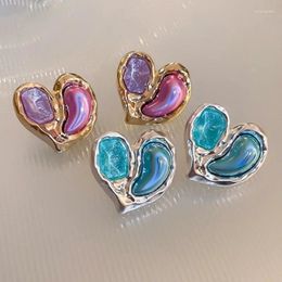 Stud Earrings French Retro Resin Heart Blue Green Metal For Women 2024 Trending Luxury Designer Jewelry