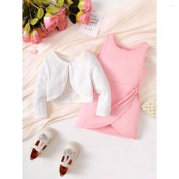 Girl Dresses 2PCS Spring Infant Clothes Set Long Sleeve Coat Plain Color Sling Dress Sweet Birthday Party Costume For Toddler 0-3 Years