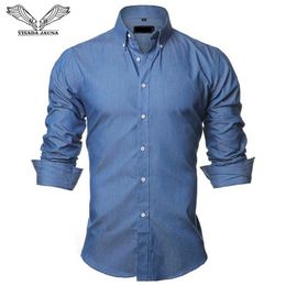 Men's Dress Shirts VISADA JAUNA Mens shirts European Size 2018 Summer Casual Camicia Uomo Slim Fit Long sle Cotton Denim Shirt Button Up d240507