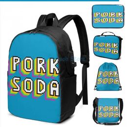 Backpack Funny Graphic Print Pork Soda Pixels 3 USB Charge Men School Bags Women Bag Travel Laptop