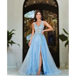 Blue A-Line Prom Sleeveless V Neck Straps 3D Lace Appliques Sequins Beaded Hollow Floor Length Celebrity Side Slit Evening Dresses Plus Size Custom Made 0431