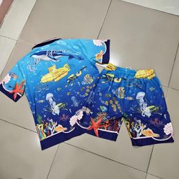 Men's Tracksuits Submarine World Print Thin Fabric Blue Shorts Shirt Set Hawaii Men Women High Quality Loose Casual Beach Surf Shortpant