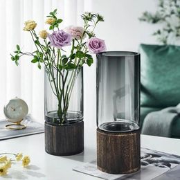 Vases Transparent Glass Vase For Home Decor Simple NordicS Hydroponic Plant Household Living Room Table Inserted Flower Wooden Base