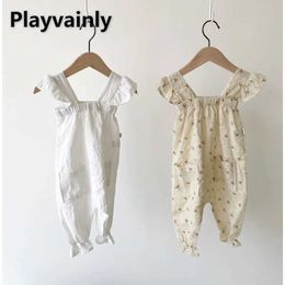 Rompers Korean Style New Summer Baby Girl Thin White Beige Square Collar Flare Sleeve Jumpsuit Toddler Casual Clothing H240507