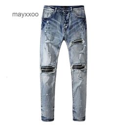 Fit 2024 Yıkanmış Erkek Moda Jean Amiirii Demin Delikleri Mor Pantolon Yıpranmış İnce kot pantolon Mins Mgy5 ile gündelik çok yönlü moda