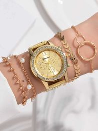Women's Watches 5PCS Gold Round Quartz Women Fashion 3 Eyes Alloy Strap Gift Rhinestone For Women Jewelry Set