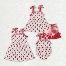 Clothing Sets Cute Fashion Baby Girls Flower Strawberry Red Plaid Lace Beige Suspender Shorts Suit Wholesale Children Clothes RTS
