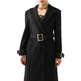 long coat women designer wool coat womens Lapel Neck long Sleeve Belt Cotton Wool Solid color Sashes slim Career Related Functions Black 2XL define jacket trench coat