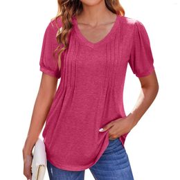Women's T Shirts Puff Short Sleeve Boho Shirt Casual V Neck Solid Color Summer Pleated Tunic Top Official Store