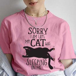 Men's T-Shirts 2024 Summer New Womens T-Shirt Sorry I Am Late My Cat Was Slping on Me Printed Womens Clothes Short Slve T Top Clothing T240506